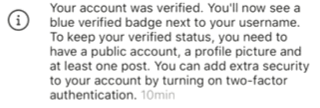 Como ter conta verificada no Instagram - Mensagem de conta verificada